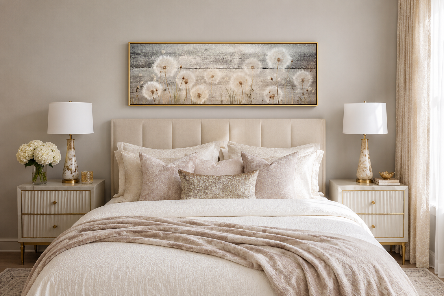 Rustic Dandelions Painting On Wood Long Horizontal Above Bed Wall Art