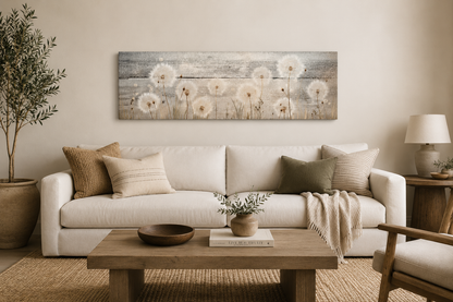 Rustic Dandelions Painting On Wood Long Horizontal Above Bed Wall Art