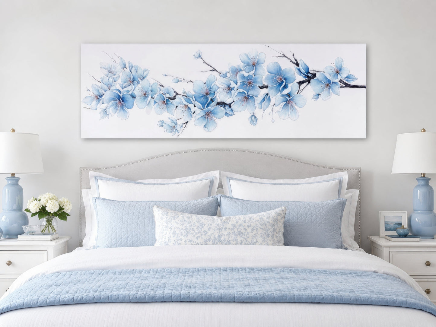 Soft Blue Blossom Flowers Long Horizontal Above Bed Wall Art