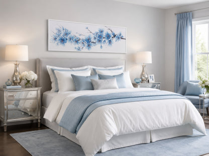 Soft Blue Blossom Flowers Long Horizontal Above Bed Wall Art