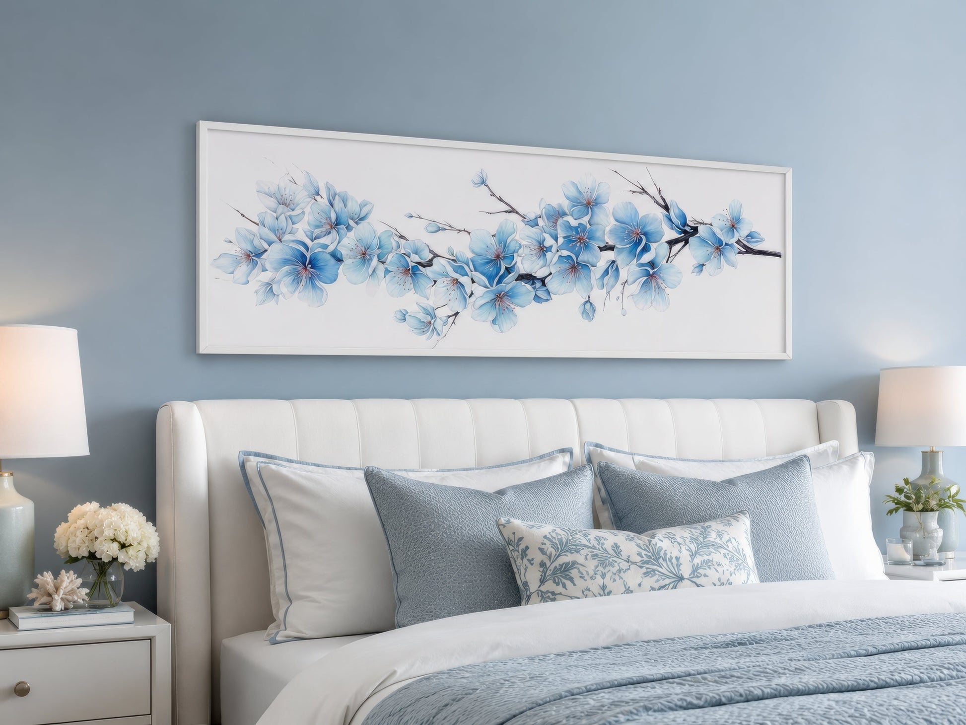 Soft Blue Blossom Flowers Long Horizontal Above Bed Wall Art