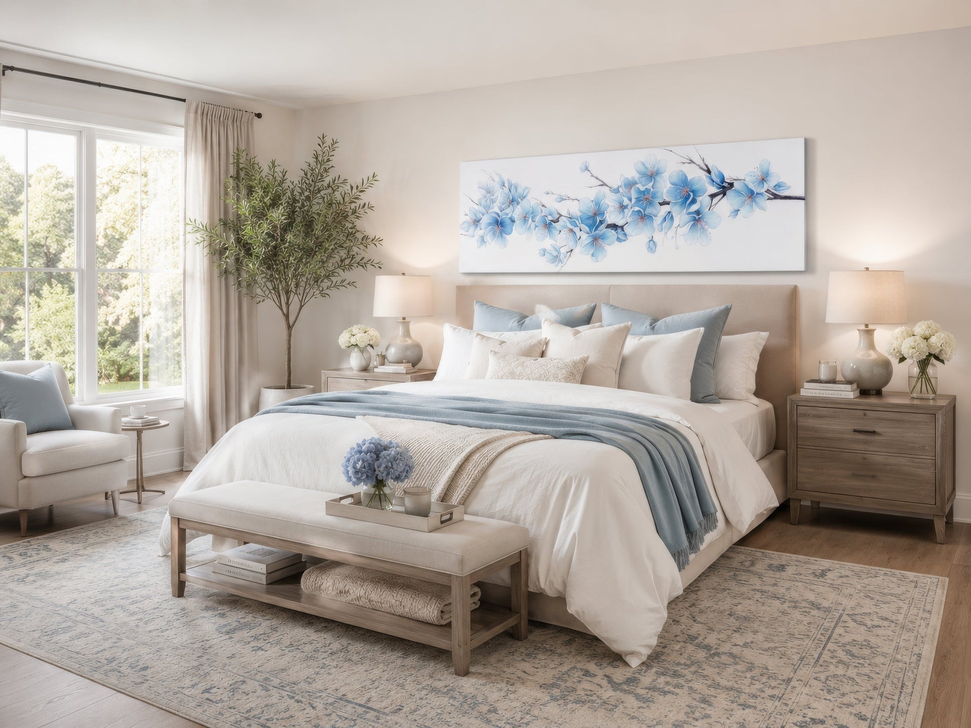 Soft Blue Blossom Flowers Long Horizontal Above Bed Wall Art