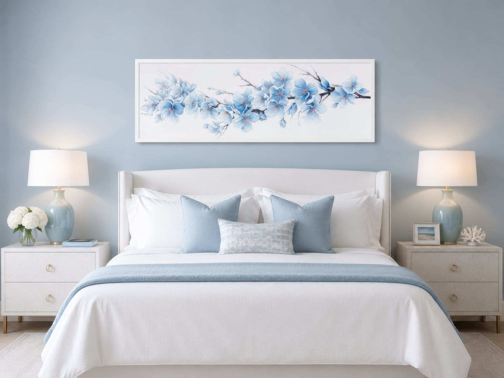 Soft Blue Blossom Flowers Long Horizontal Above Bed Wall Art