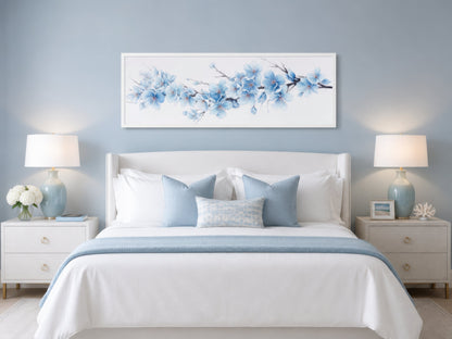 Soft Blue Blossom Flowers Long Horizontal Above Bed Wall Art