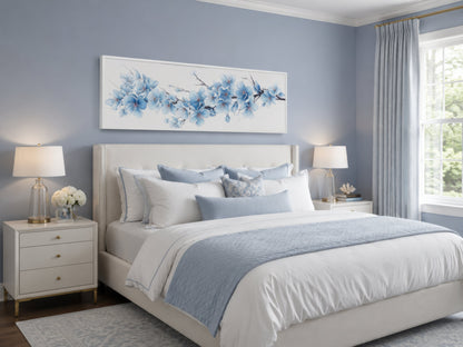 Soft Blue Blossom Flowers Long Horizontal Above Bed Wall Art