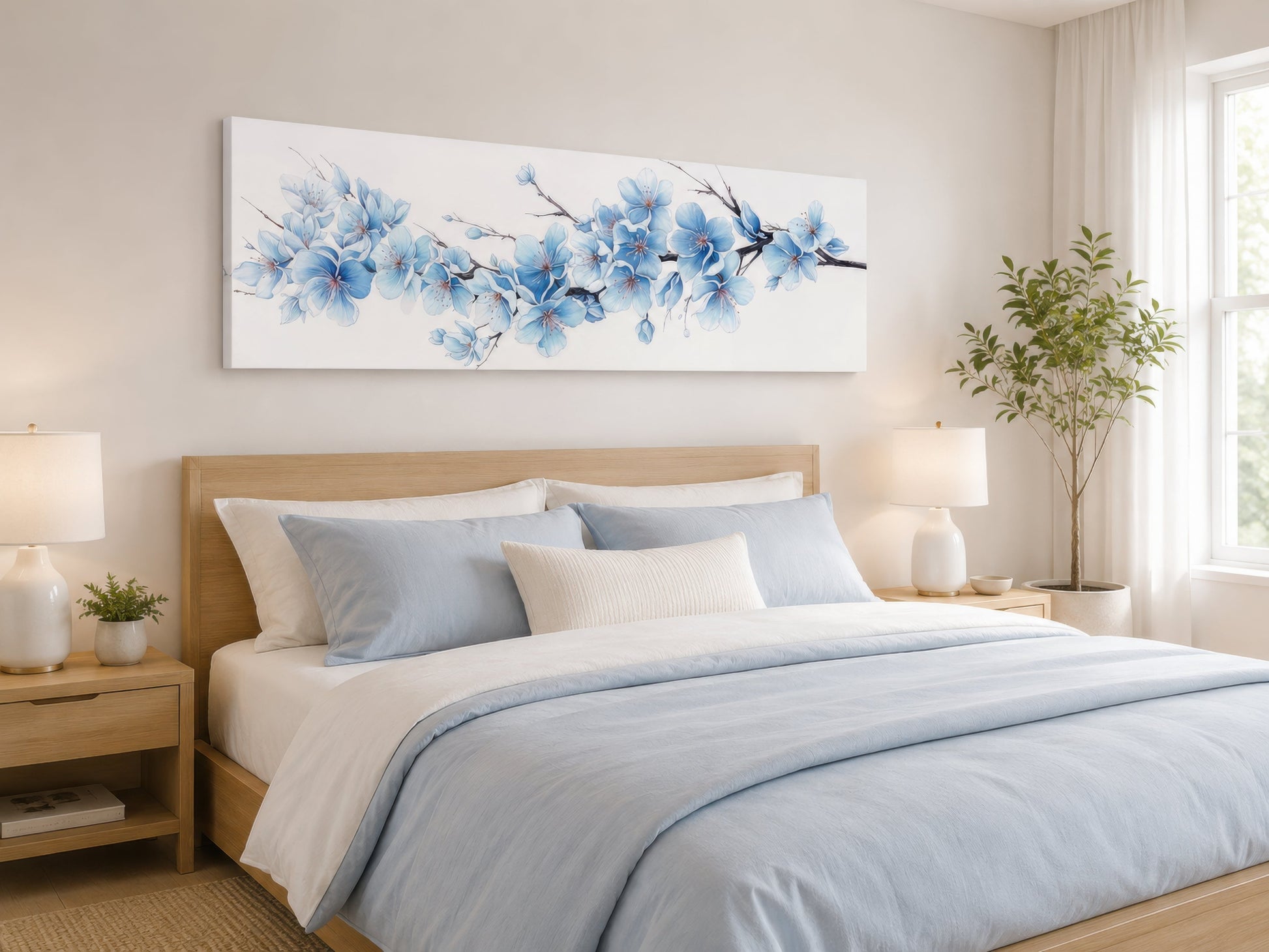 Soft Blue Blossom Flowers Long Horizontal Above Bed Wall Art