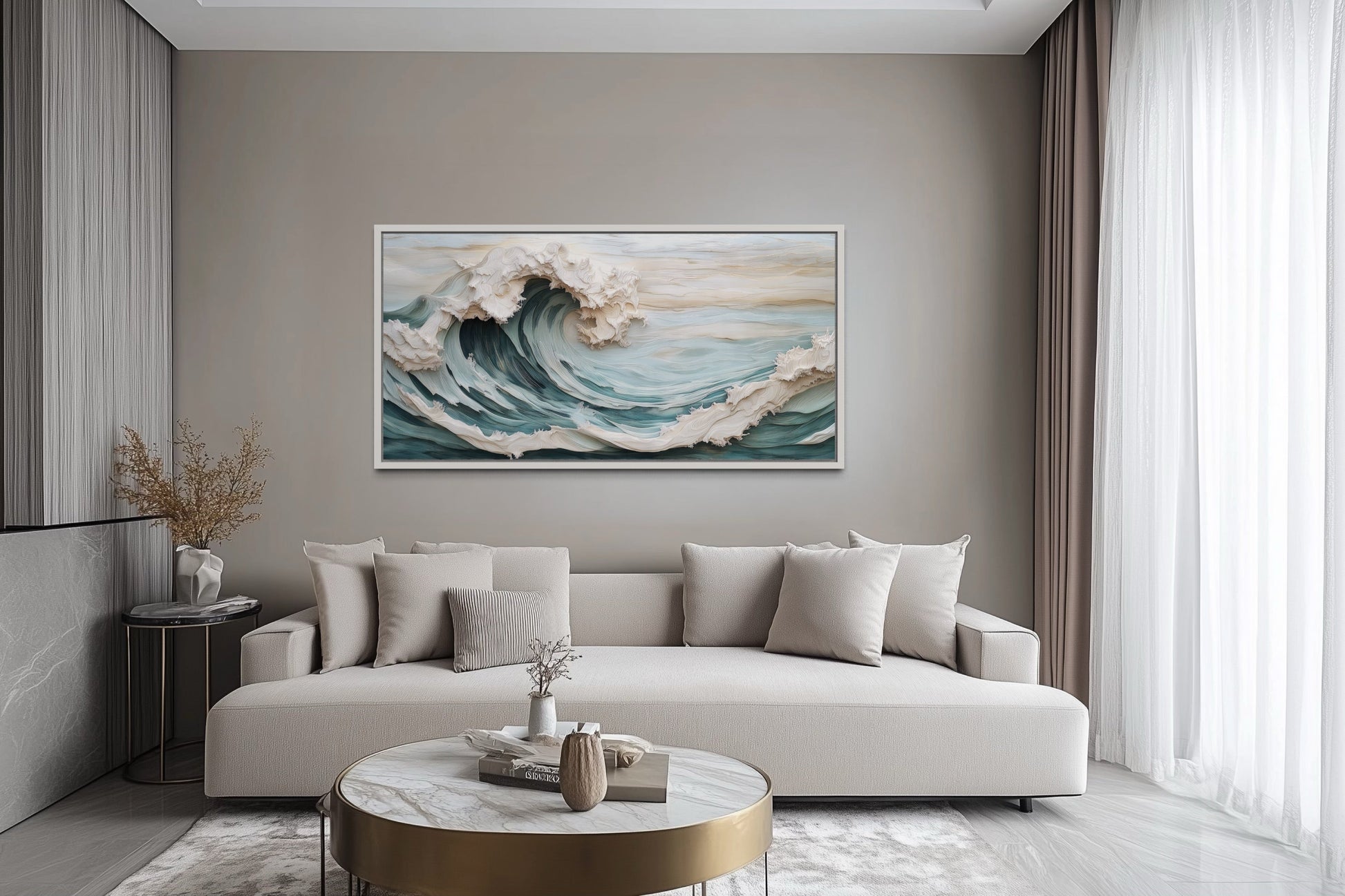 Abstract 3D Effect Teal Ocean Wave Framed Canvas Wall Art