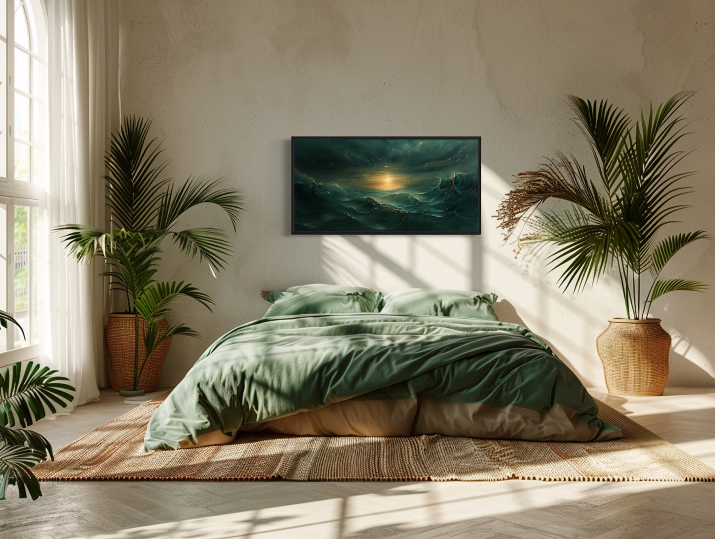 Abstract Emerald Green Gold Ocean Wave Framed Canvas Wall Art