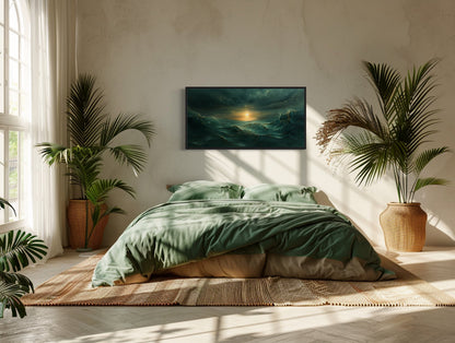 Abstract Emerald Green Gold Ocean Wave Framed Canvas Wall Art