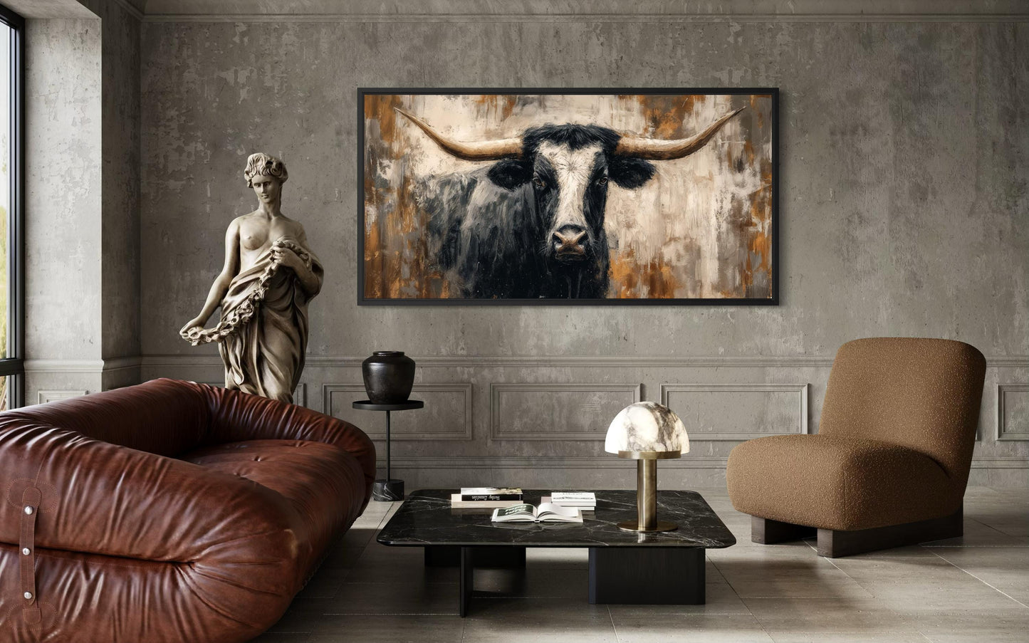 Abstract Longhorn Bull Canvas Wall Art In Modern Industrial Style And Mens Office Art