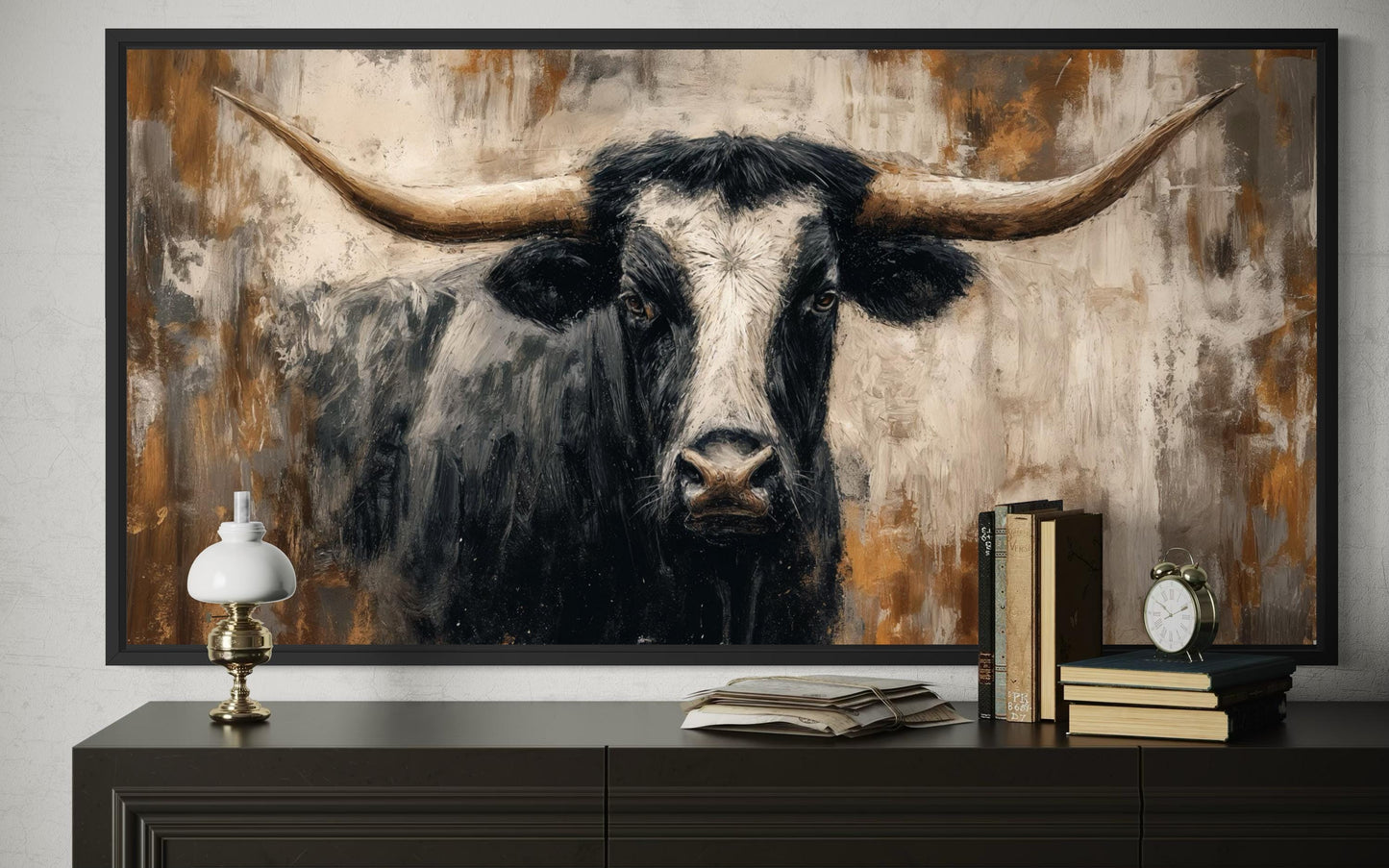 Abstract Longhorn Bull Canvas Wall Art In Modern Industrial Style And Mens Office Art