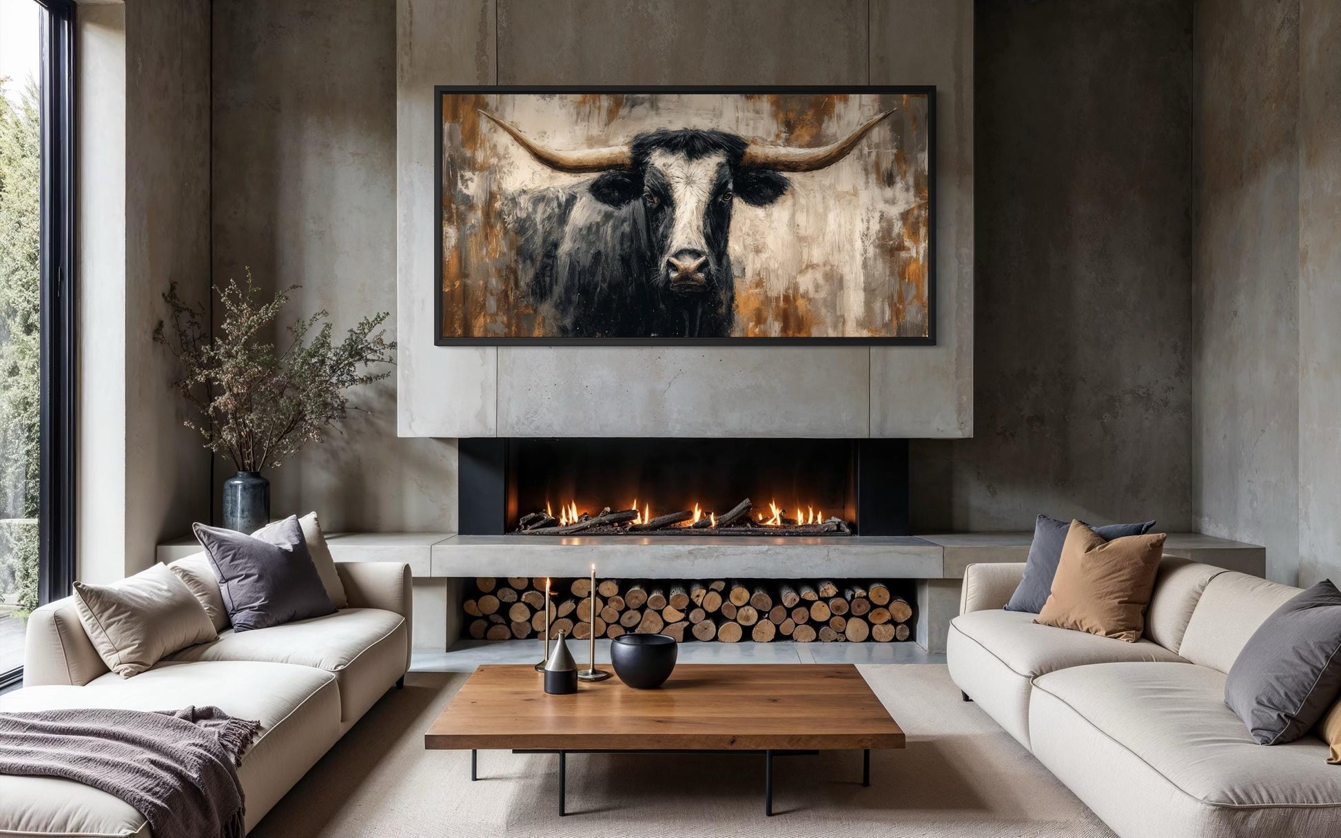 Abstract Longhorn Bull Canvas Wall Art In Modern Industrial Style And Mens Office Art