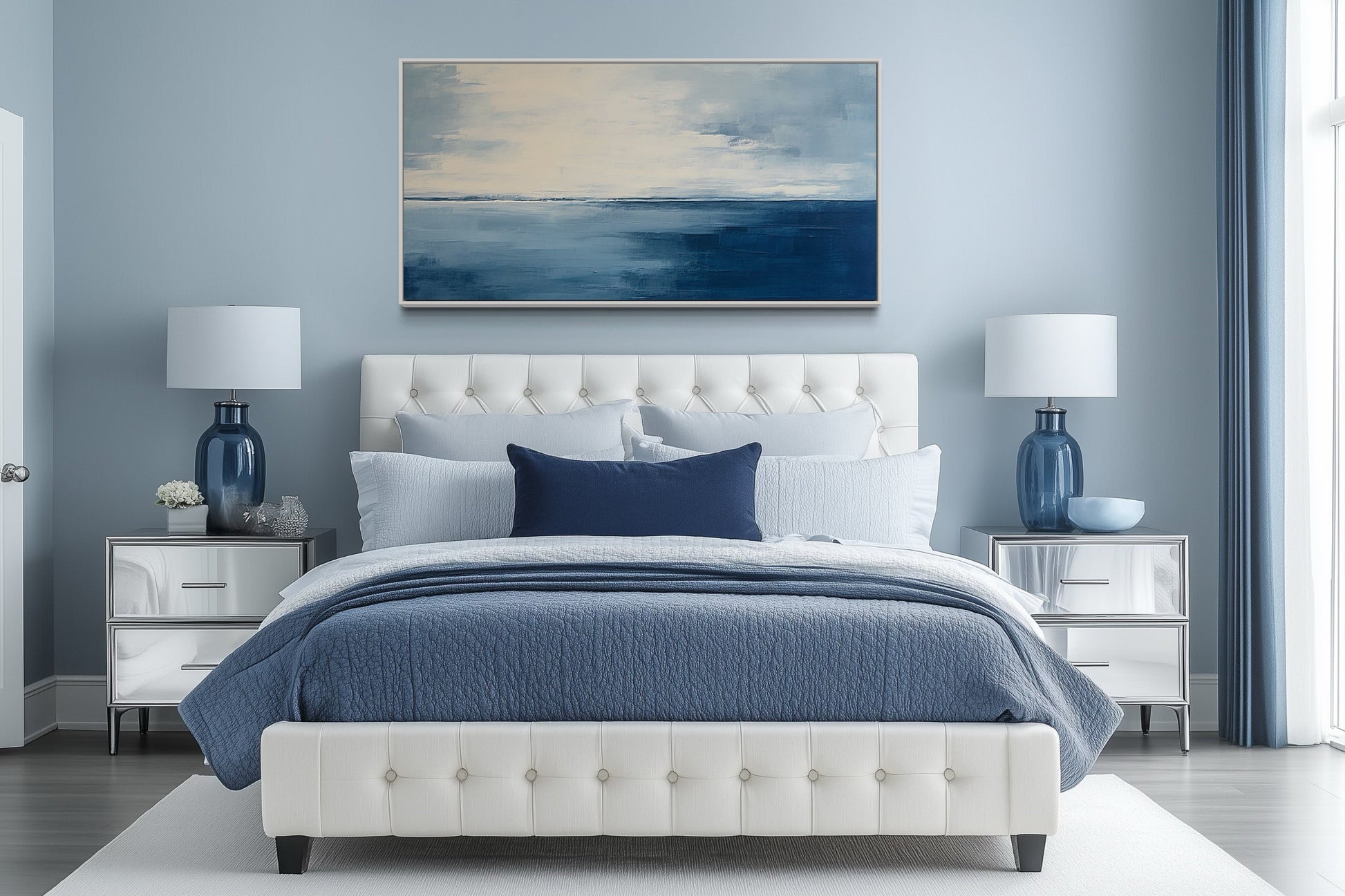 Abstract Minimalist Ocean Navy Blue Grey Framed Canvas Wall Art