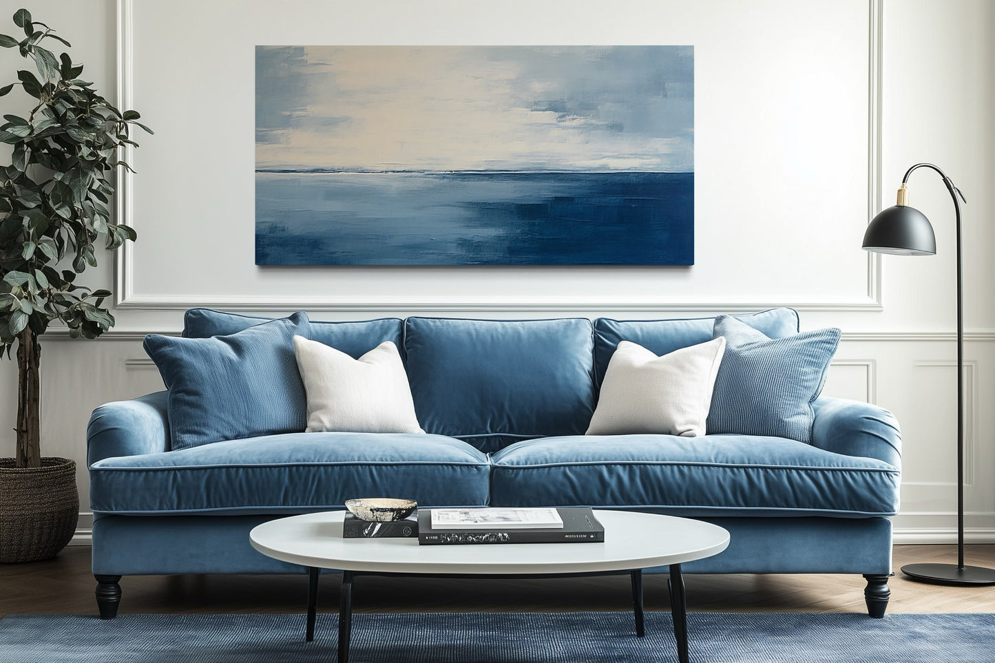 Abstract Minimalist Ocean Navy Blue Grey Framed Canvas Wall Art
