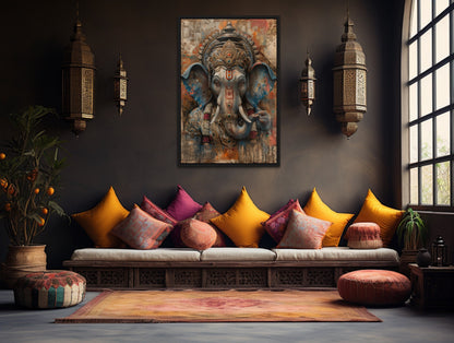 Abstract Modern Distressed Lord Ganesha Framed Canvas Wall Art