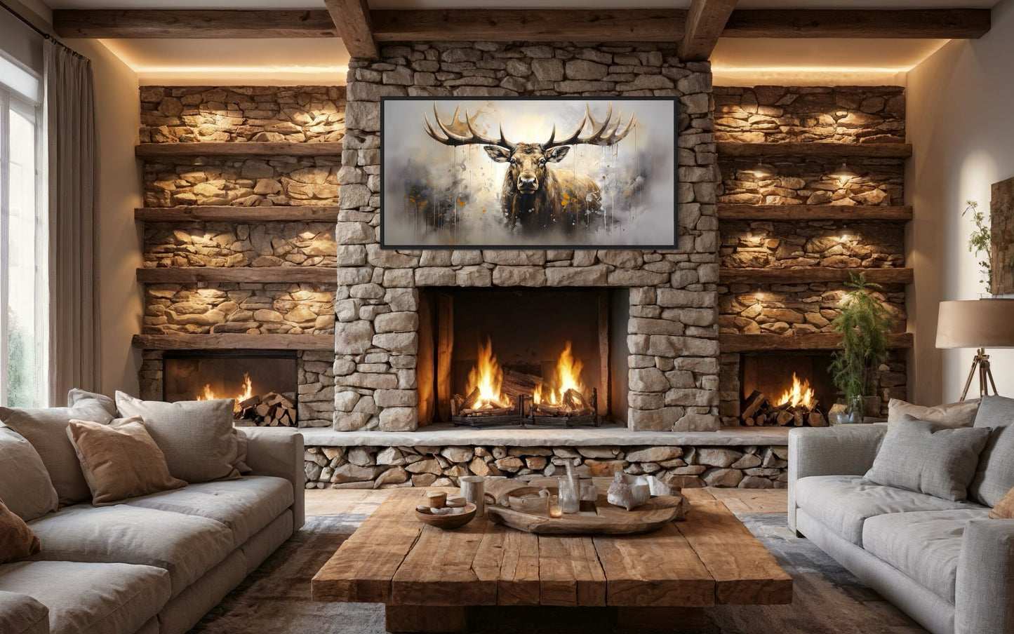 Abstract Moose Wall Art - Extra Large Framed Moose Canvas Print | Rustic Cabin Decor