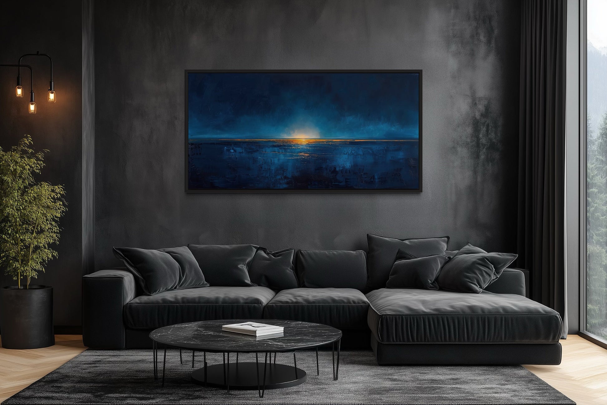 Abstract Navy Blue Gold Calm Ocean Painting Framed Canvas Wall Art Above Mens Bed