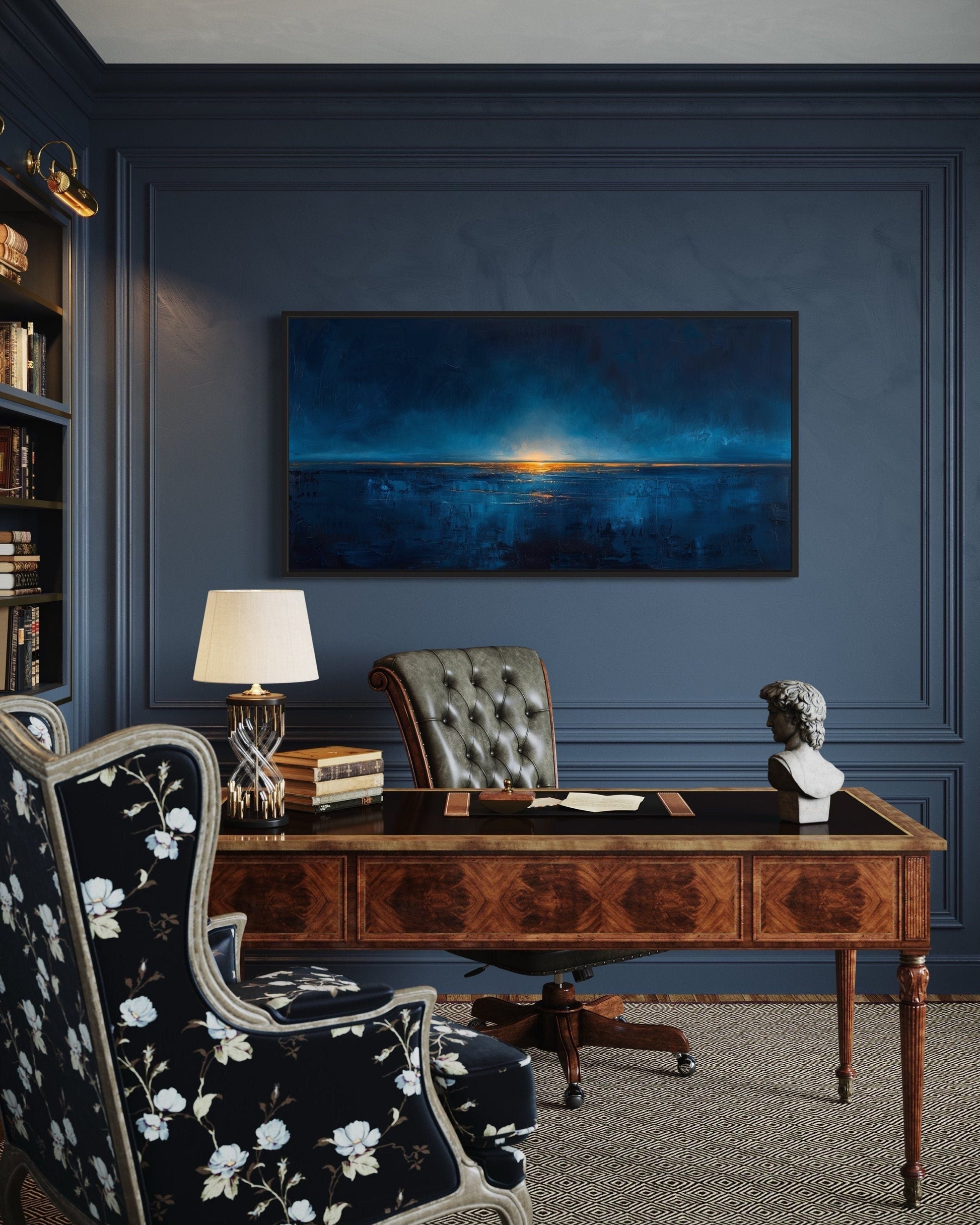 Abstract Navy Blue Gold Calm Ocean Painting Framed Canvas Wall Art Above Mens Bed