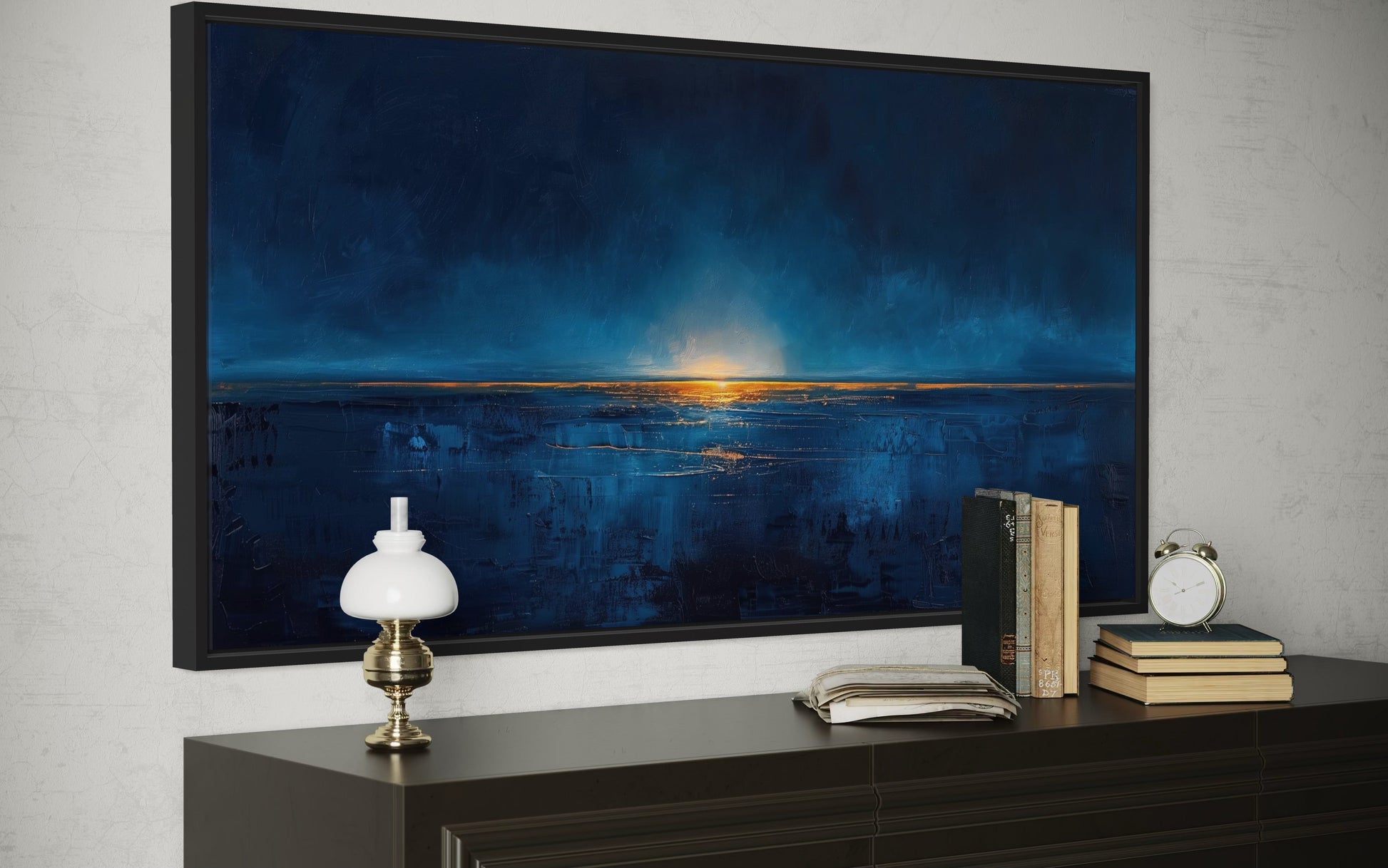 Abstract Navy Blue Gold Calm Ocean Painting Framed Canvas Wall Art Above Mens Bed