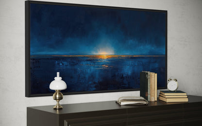 Abstract Navy Blue Gold Calm Ocean Painting Framed Canvas Wall Art Above Mens Bed