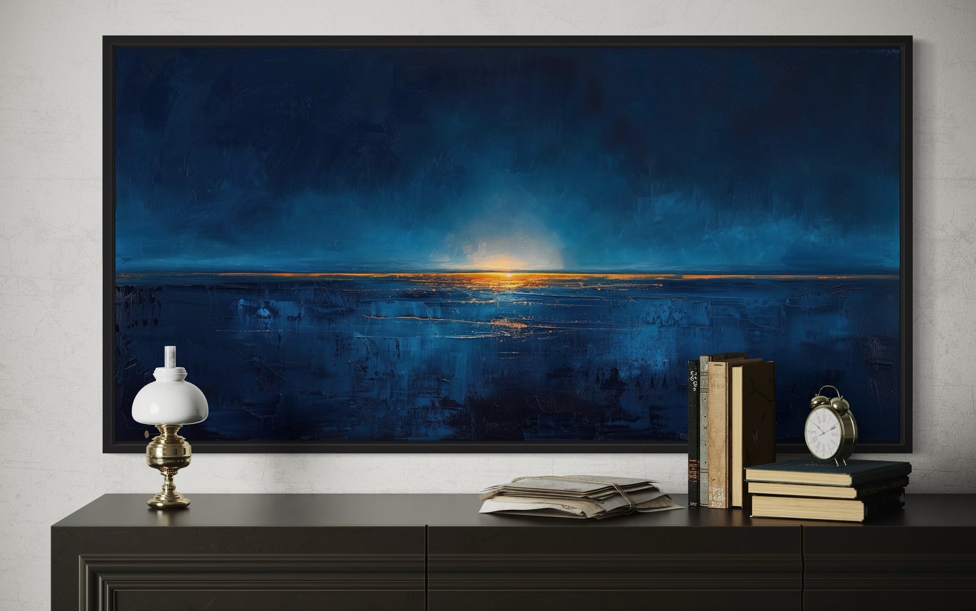 Abstract Navy Blue Gold Calm Ocean Painting Framed Canvas Wall Art Above Mens Bed