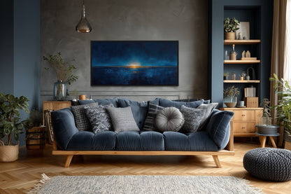 Abstract Navy Blue Gold Calm Ocean Painting Framed Canvas Wall Art Above Mens Bed