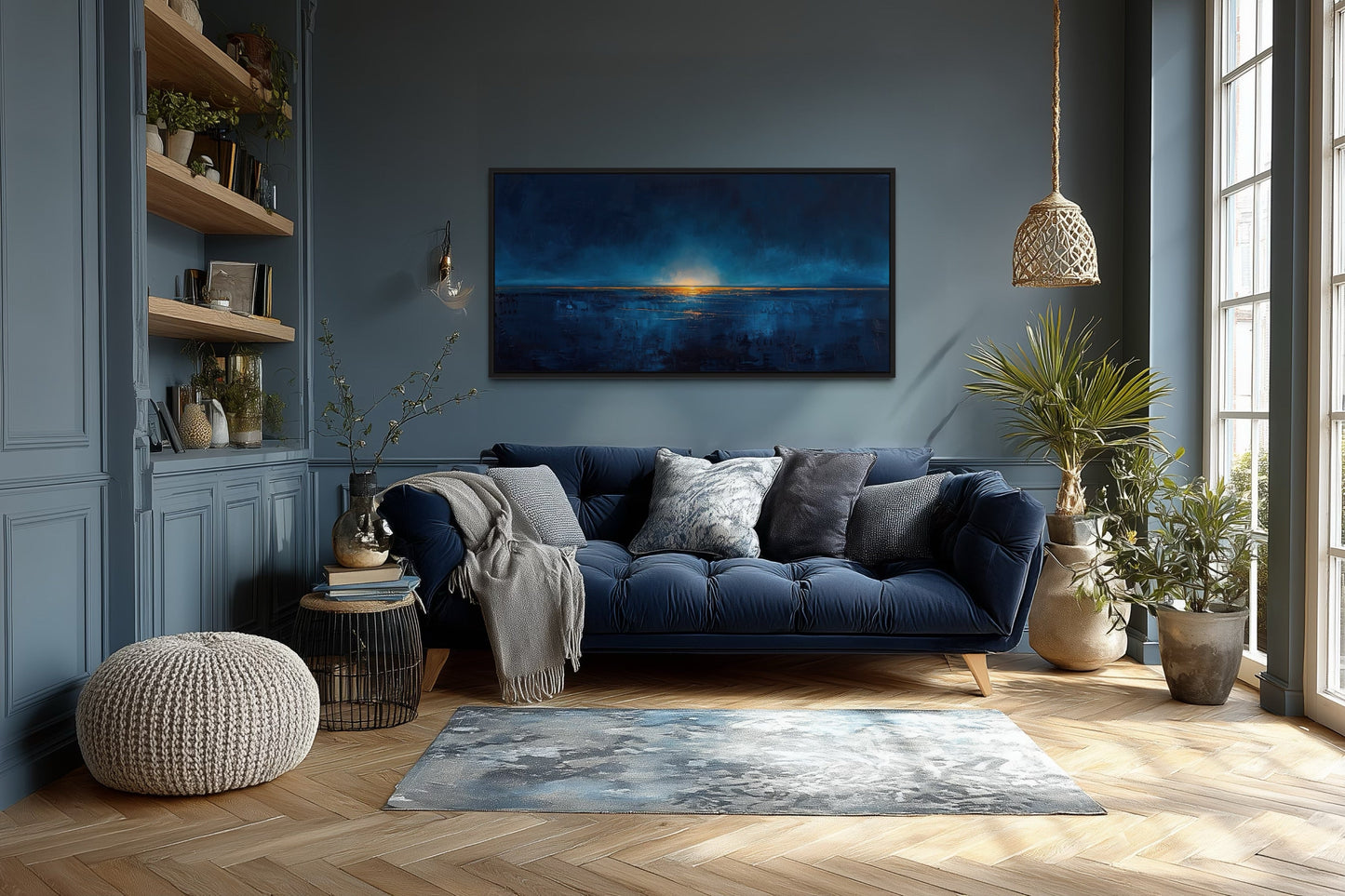 Abstract Navy Blue Gold Calm Ocean Painting Framed Canvas Wall Art Above Mens Bed