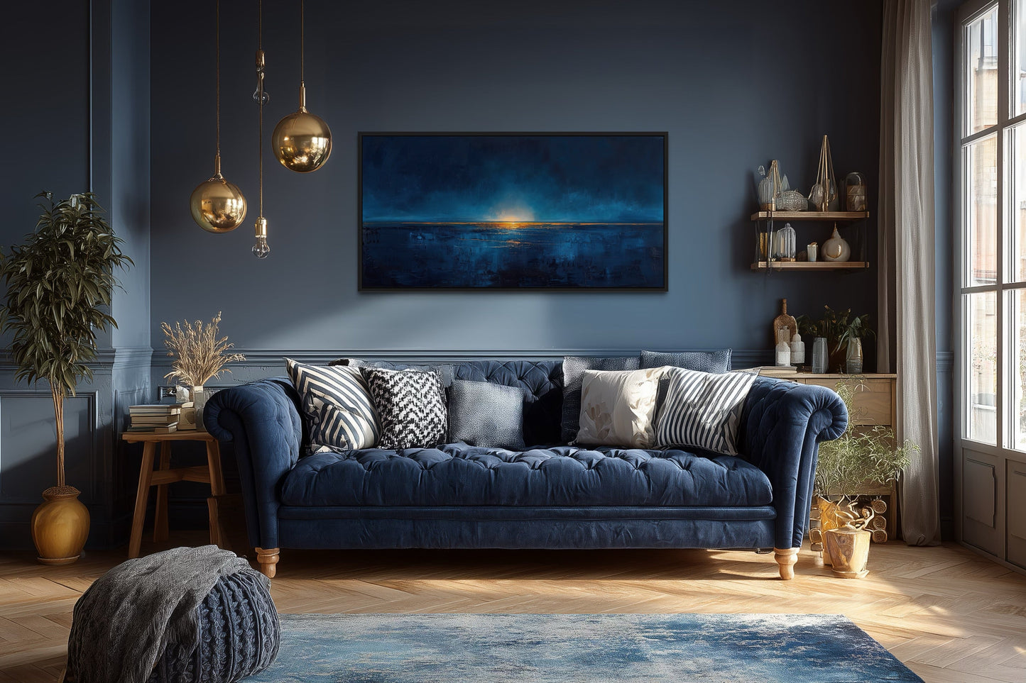 Abstract Navy Blue Gold Calm Ocean Painting Framed Canvas Wall Art Above Mens Bed