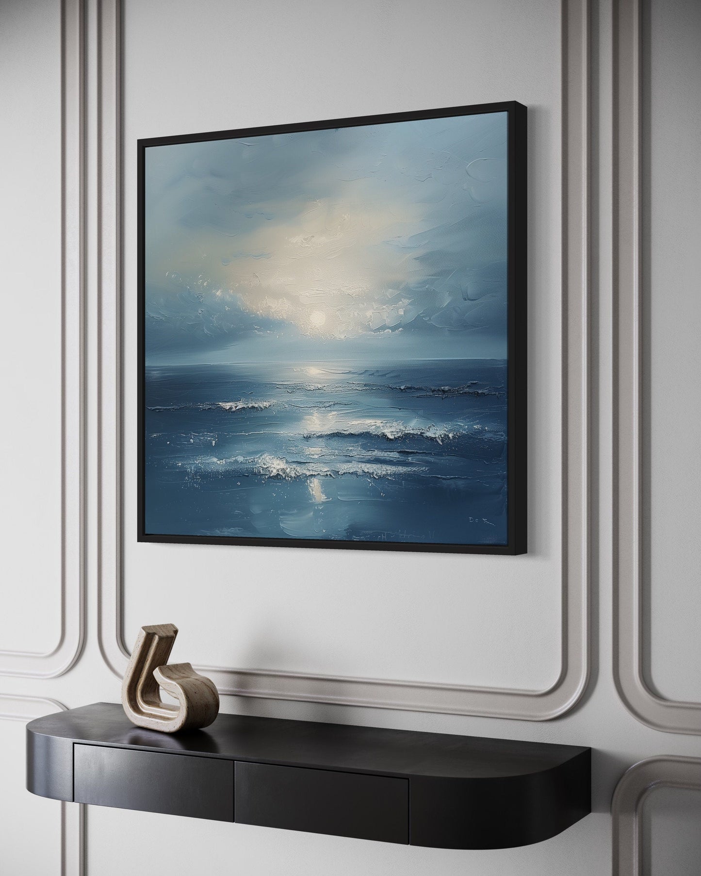 Abstract Ocean Blue Grey Coastal Framed Canvas Wall Art