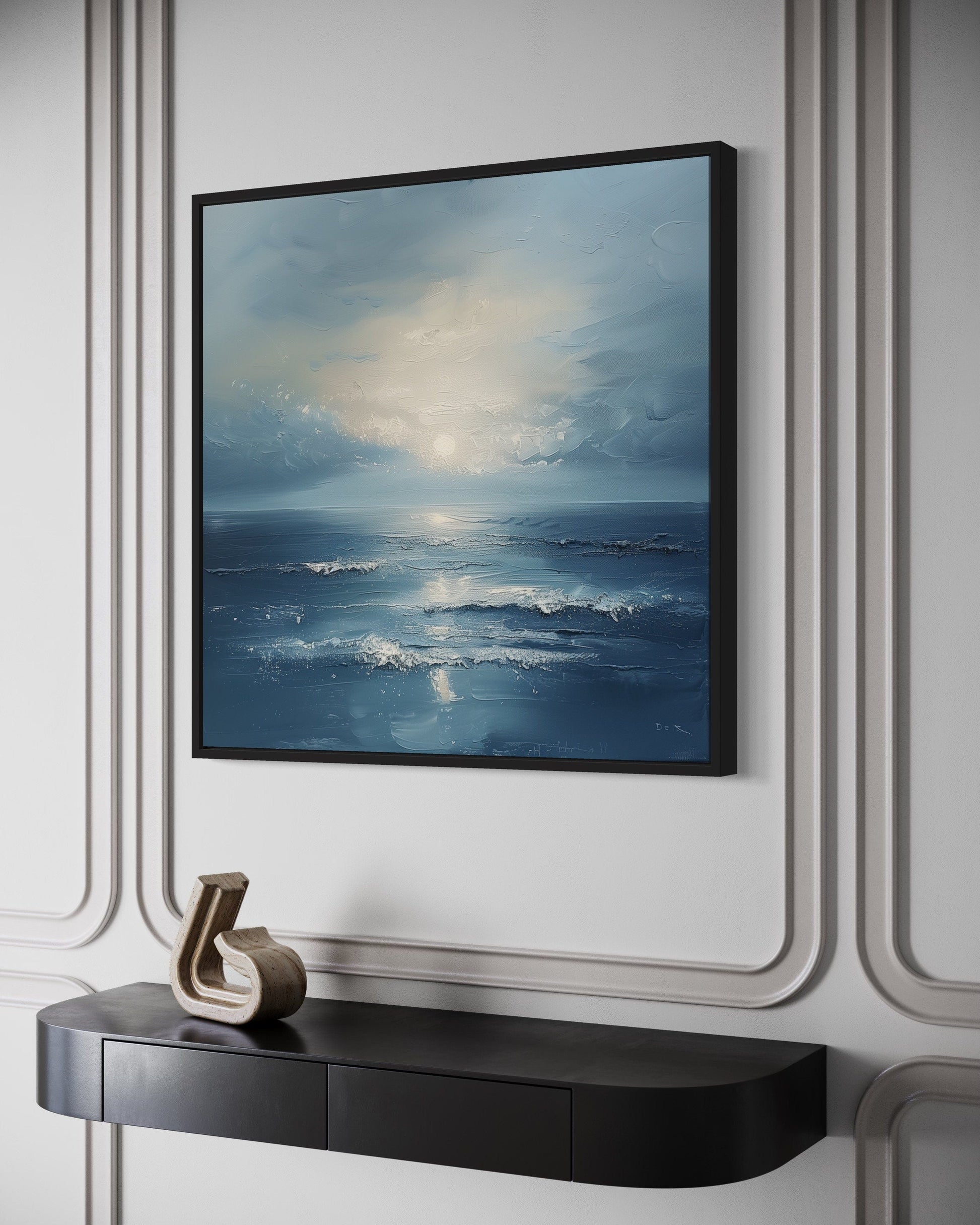 Abstract Ocean Blue Grey Coastal Framed Canvas Wall Art