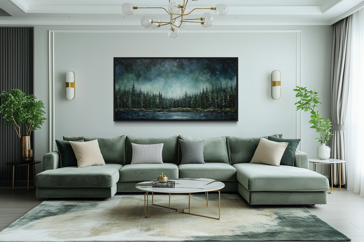 Abstract Starry Sky Wall Art - Green Fir Forest Canvas | Tranquil Lake Decor