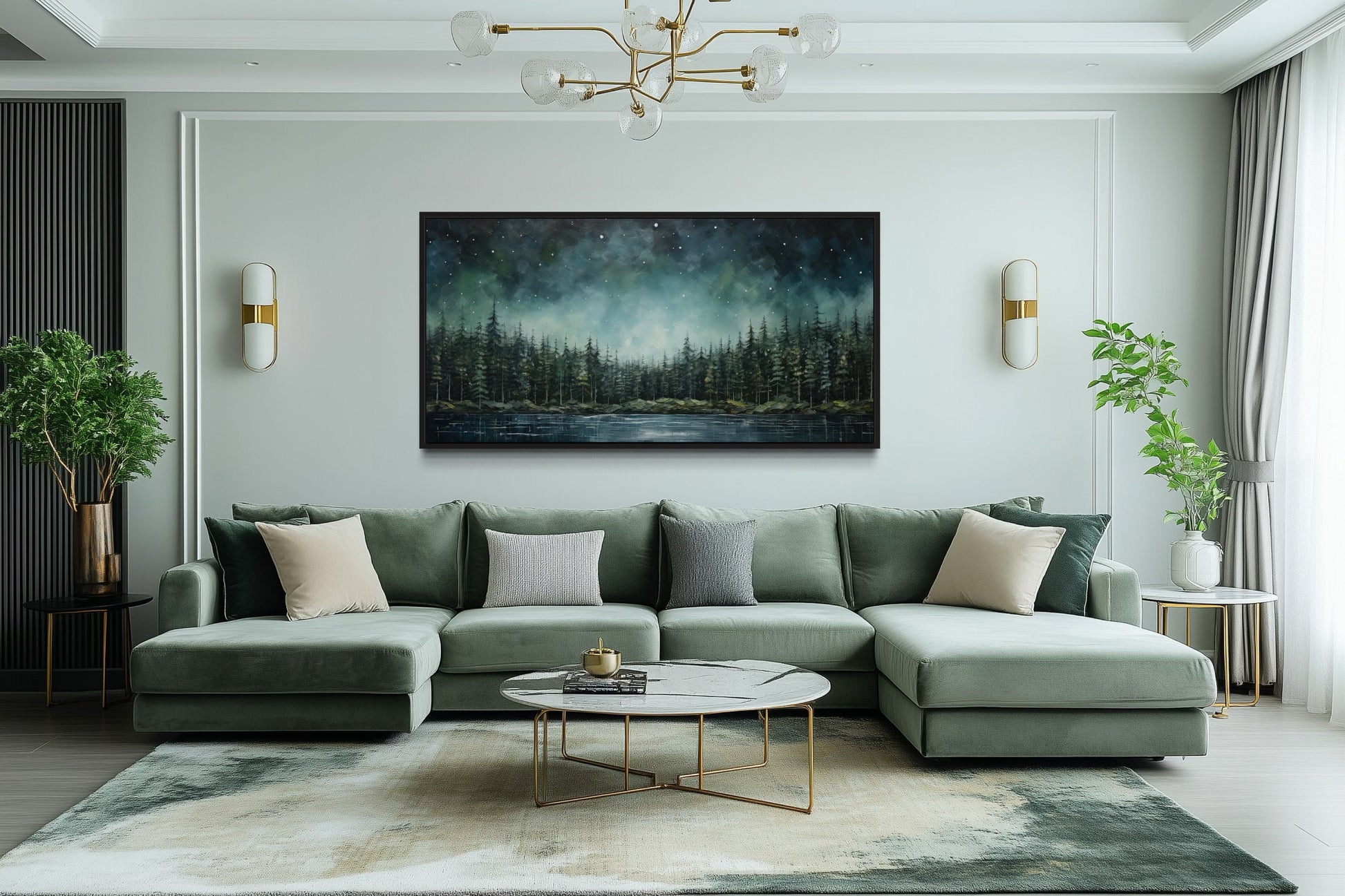 Abstract Starry Sky Wall Art - Green Fir Forest Canvas | Tranquil Lake Decor