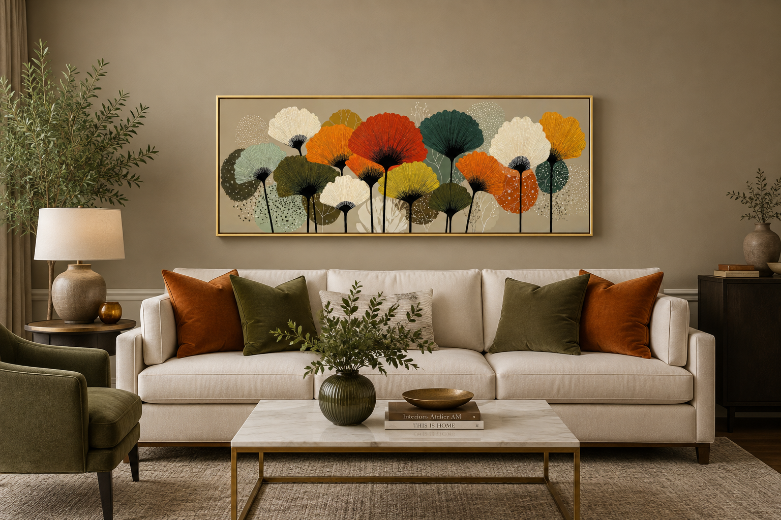 Abstract Floral Botanical Long Horizontal Orange Olive Green Canvas Wall Art