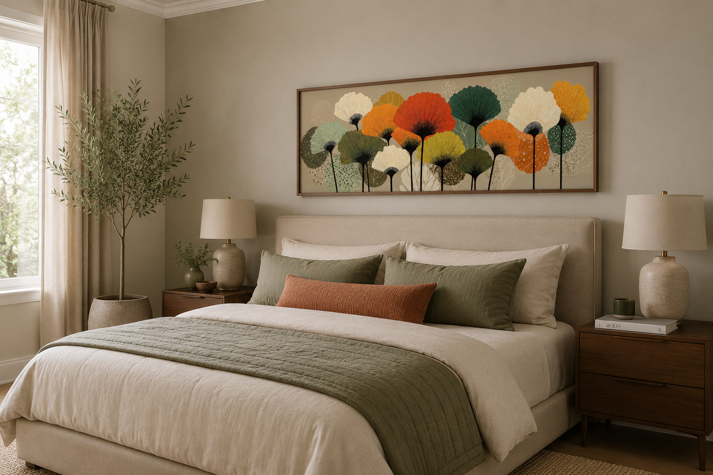 Abstract Floral Botanical Long Horizontal Orange Olive Green Canvas Wall Art