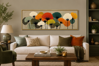 Abstract Floral Botanical Long Horizontal Orange Olive Green Canvas Wall Art