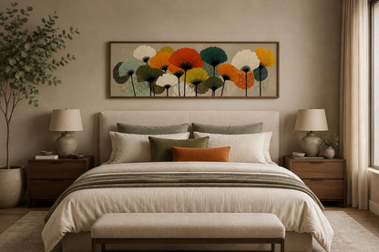 Abstract Floral Botanical Long Horizontal Orange Olive Green Canvas Wall Art