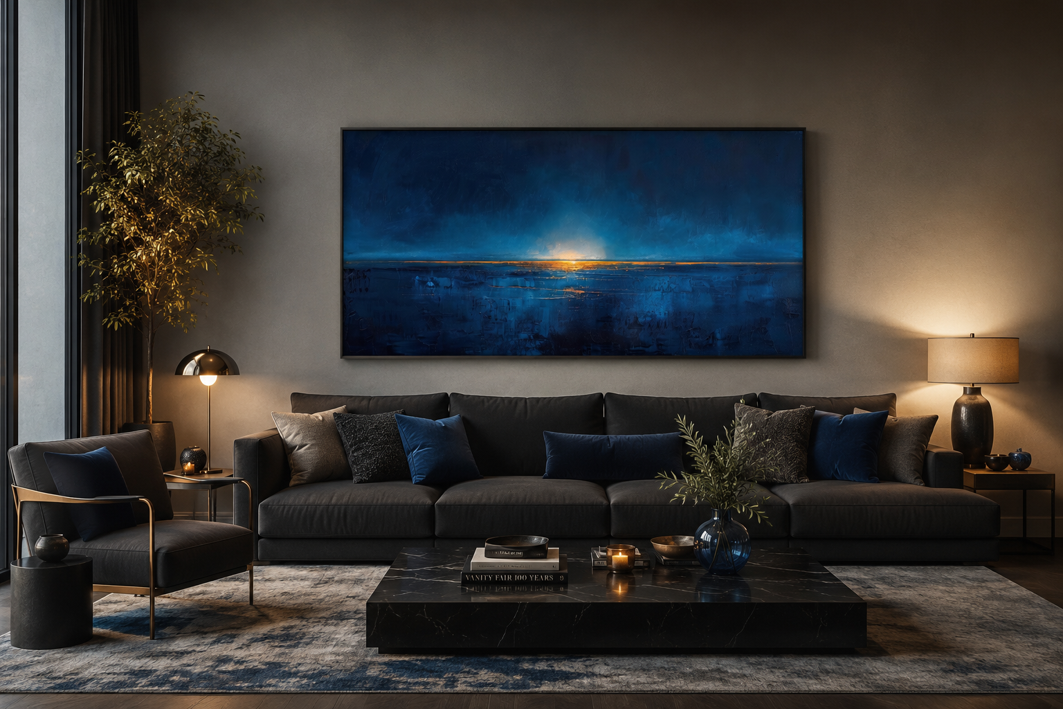 Abstract Navy Blue Gold Calm Ocean Painting Framed Canvas Wall Art Above Mens Bed