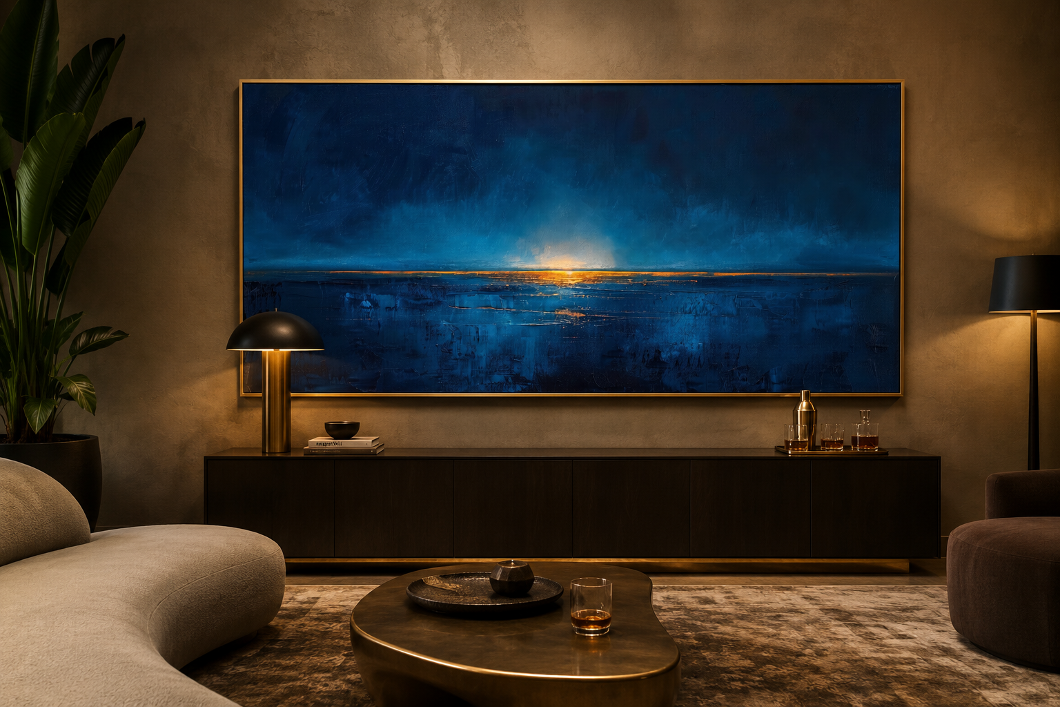 Abstract Navy Blue Gold Calm Ocean Painting Framed Canvas Wall Art Above Mens Bed