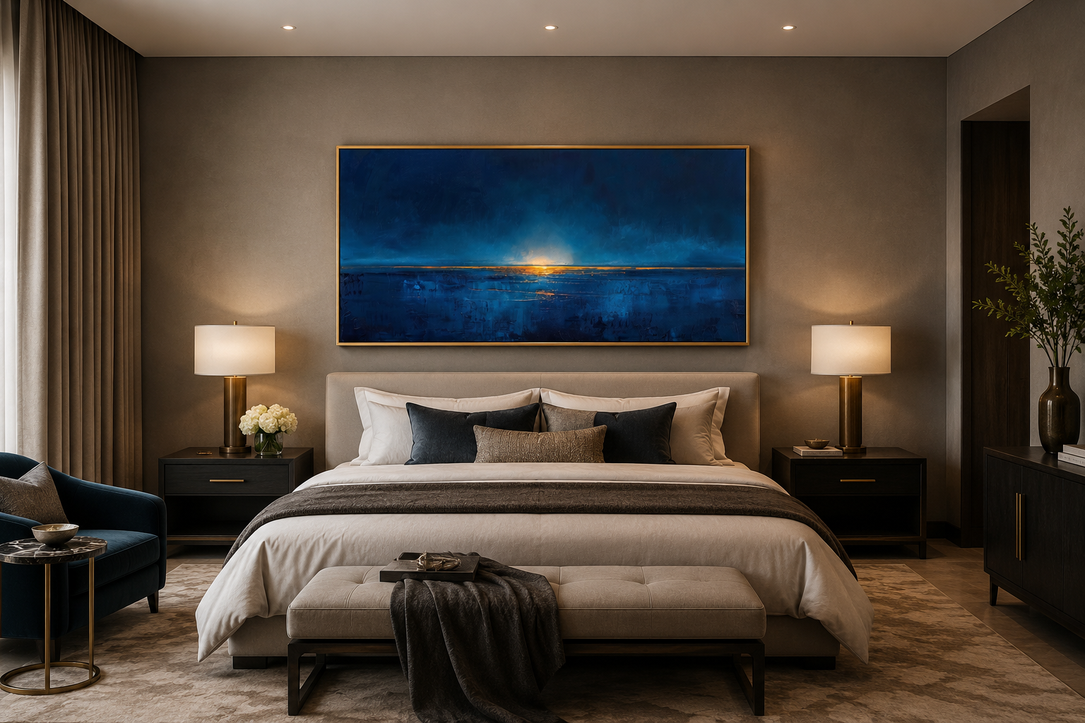 Abstract Navy Blue Gold Calm Ocean Painting Framed Canvas Wall Art Above Mens Bed
