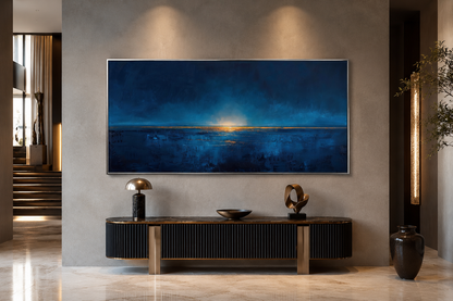 Abstract Navy Blue Gold Calm Ocean Painting Framed Canvas Wall Art Above Mens Bed