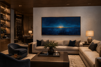 Abstract Navy Blue Gold Calm Ocean Painting Framed Canvas Wall Art Above Mens Bed