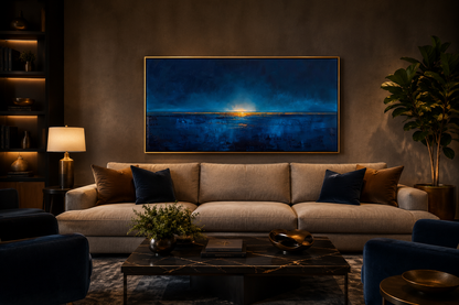 Abstract Navy Blue Gold Calm Ocean Painting Framed Canvas Wall Art Above Mens Bed