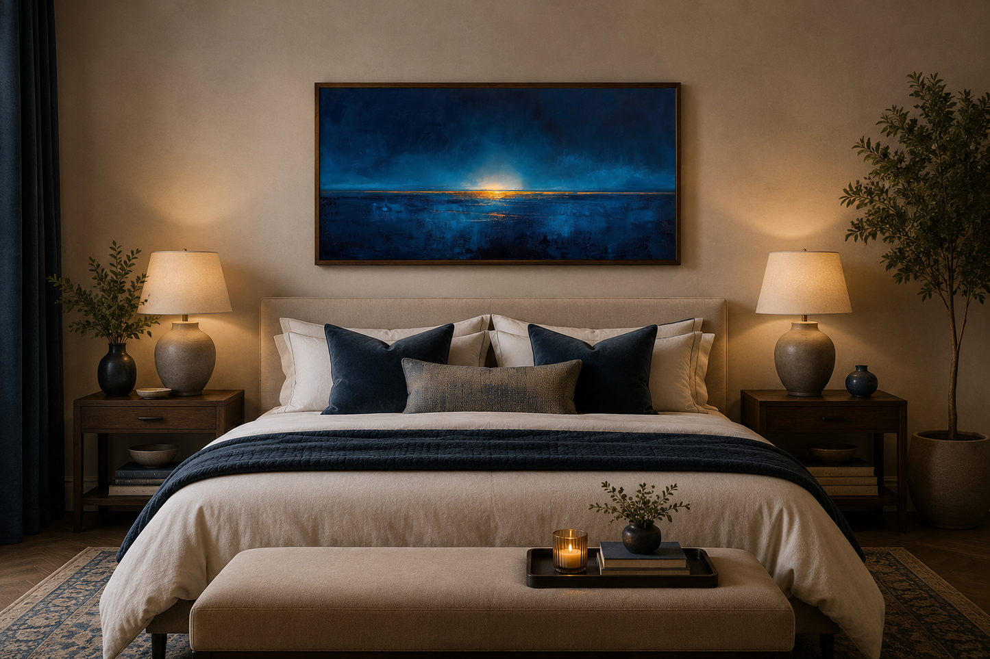 Abstract Navy Blue Gold Calm Ocean Painting Framed Canvas Wall Art Above Mens Bed