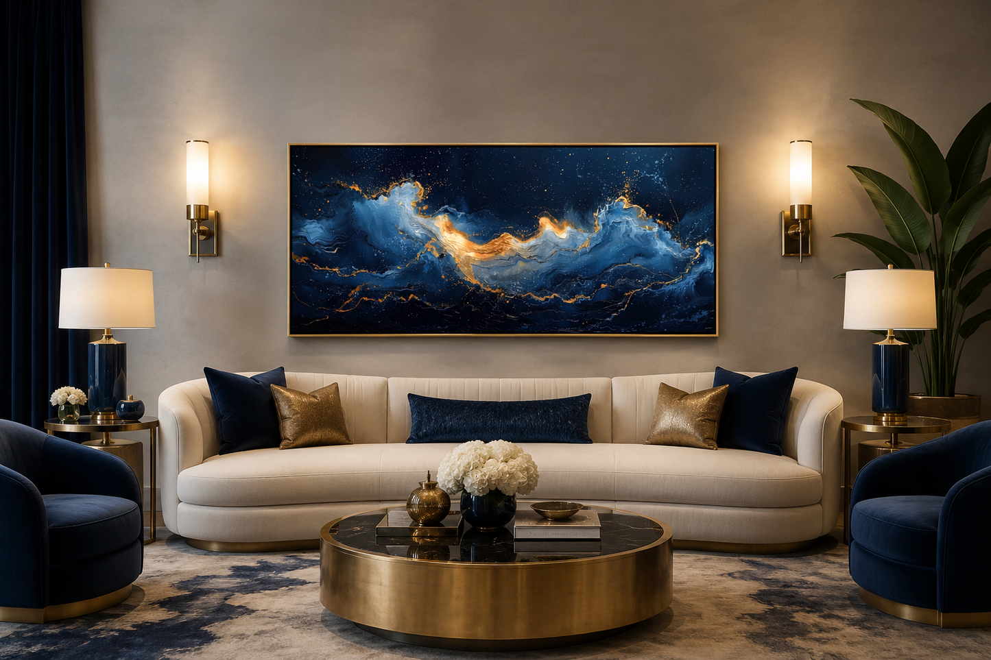 Navy Blue Gold Nautical Wall Art – Abstract Ocean Wave Canvas for Mens Bed