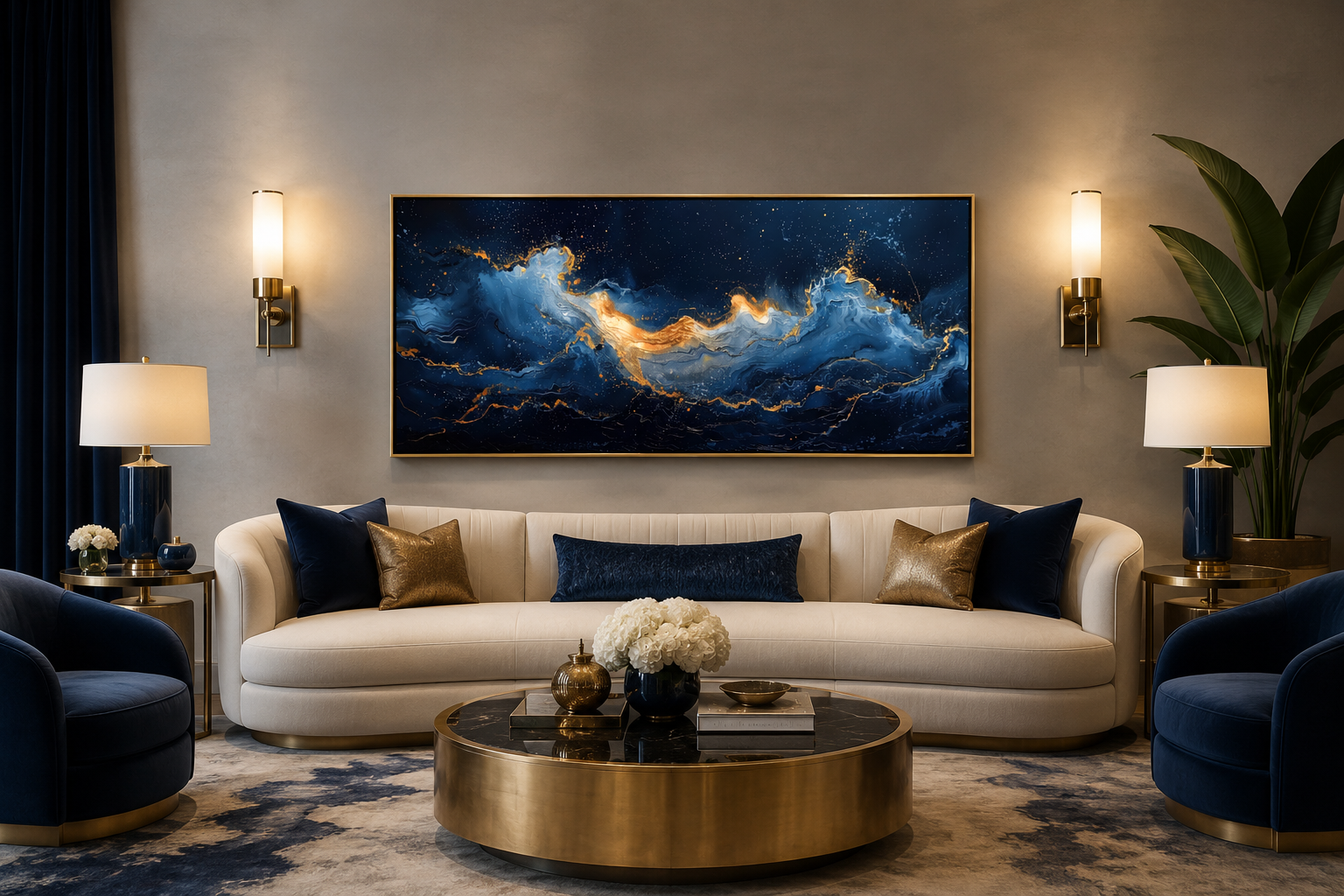 Navy Blue Gold Nautical Wall Art – Abstract Ocean Wave Canvas for Mens Bed