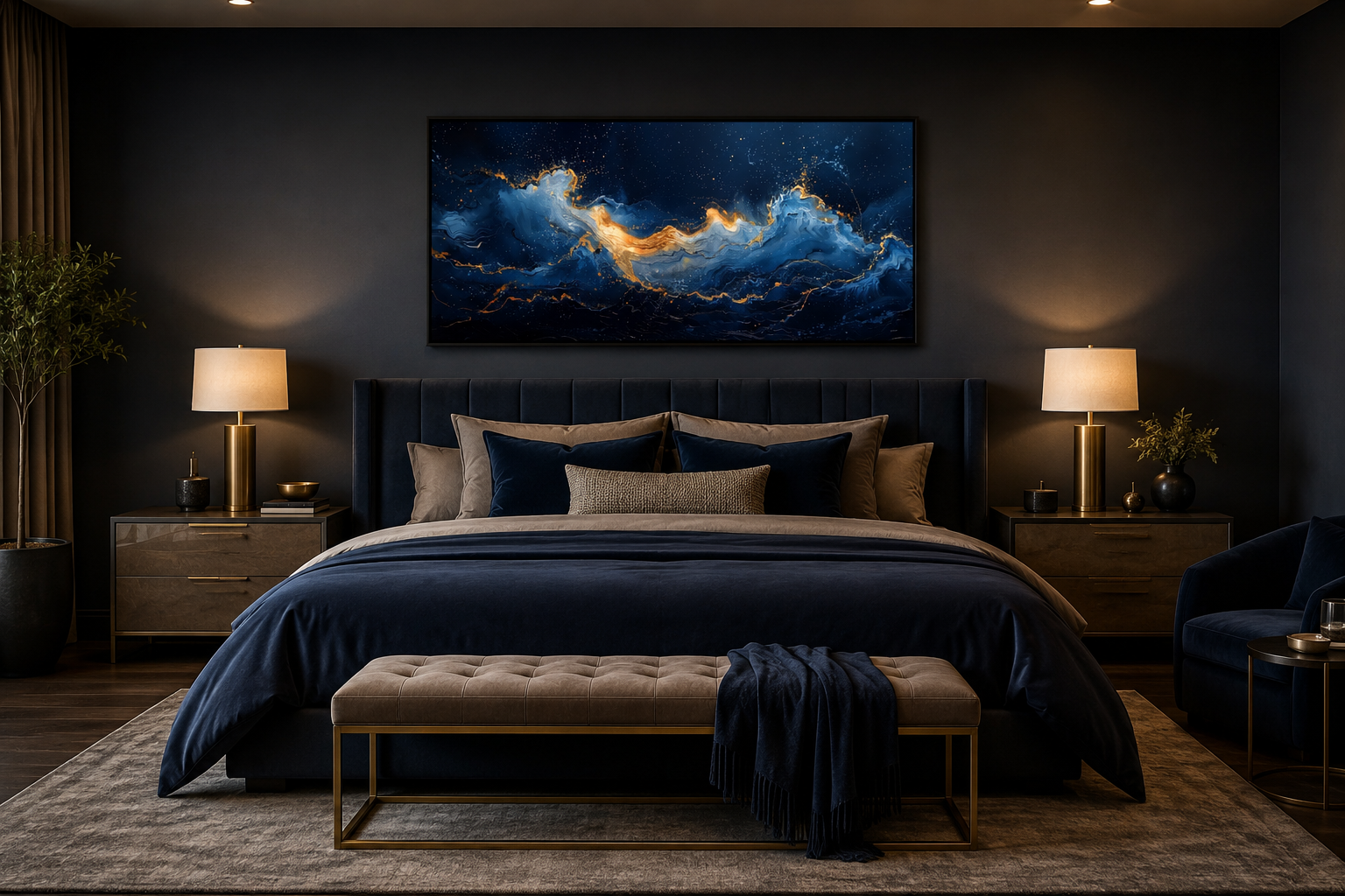 Navy Blue Gold Nautical Wall Art – Abstract Ocean Wave Canvas for Mens Bed