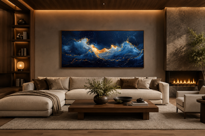 Navy Blue Gold Nautical Wall Art – Abstract Ocean Wave Canvas for Mens Bed