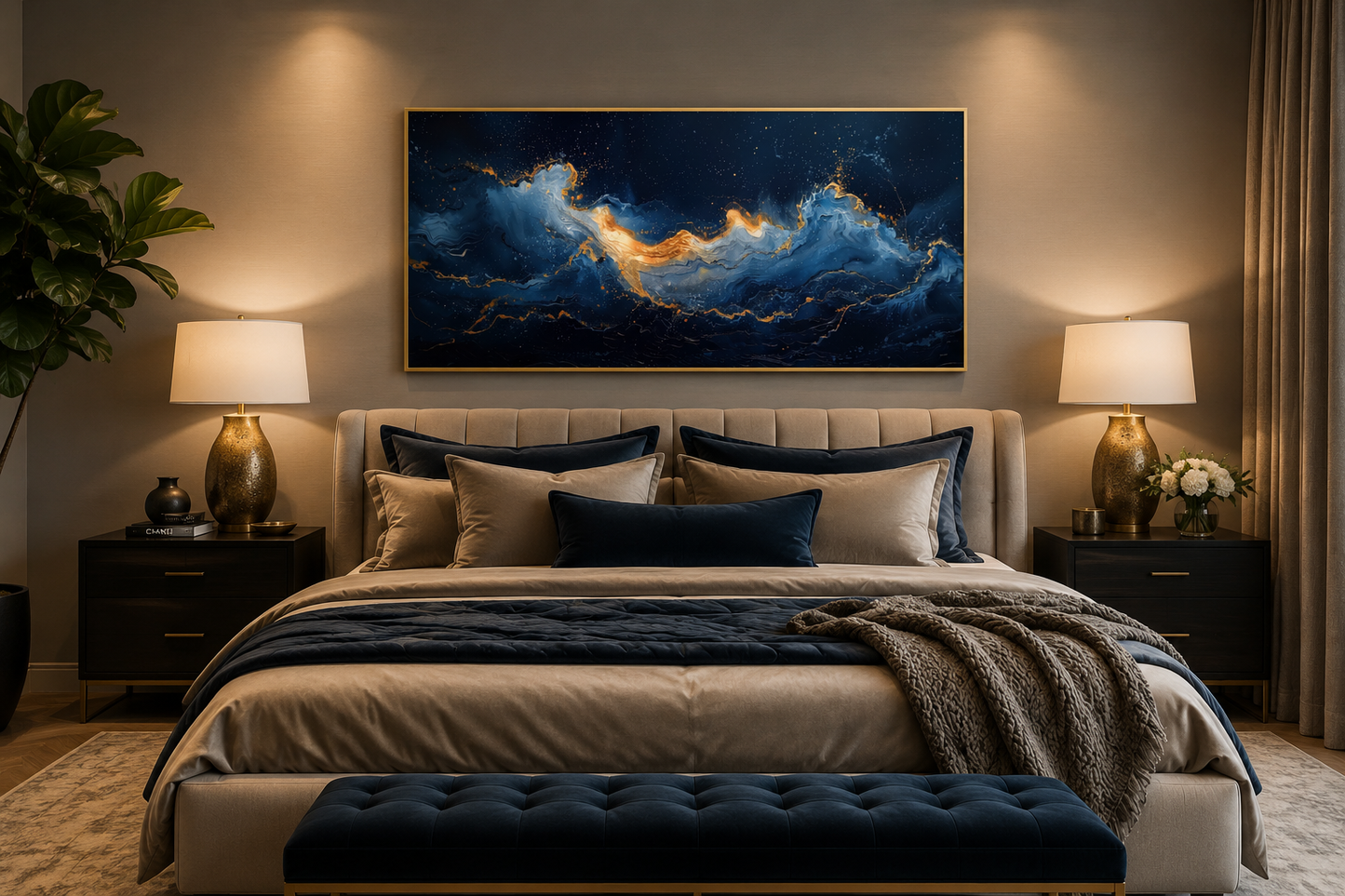Navy Blue Gold Nautical Wall Art – Abstract Ocean Wave Canvas for Mens Bed