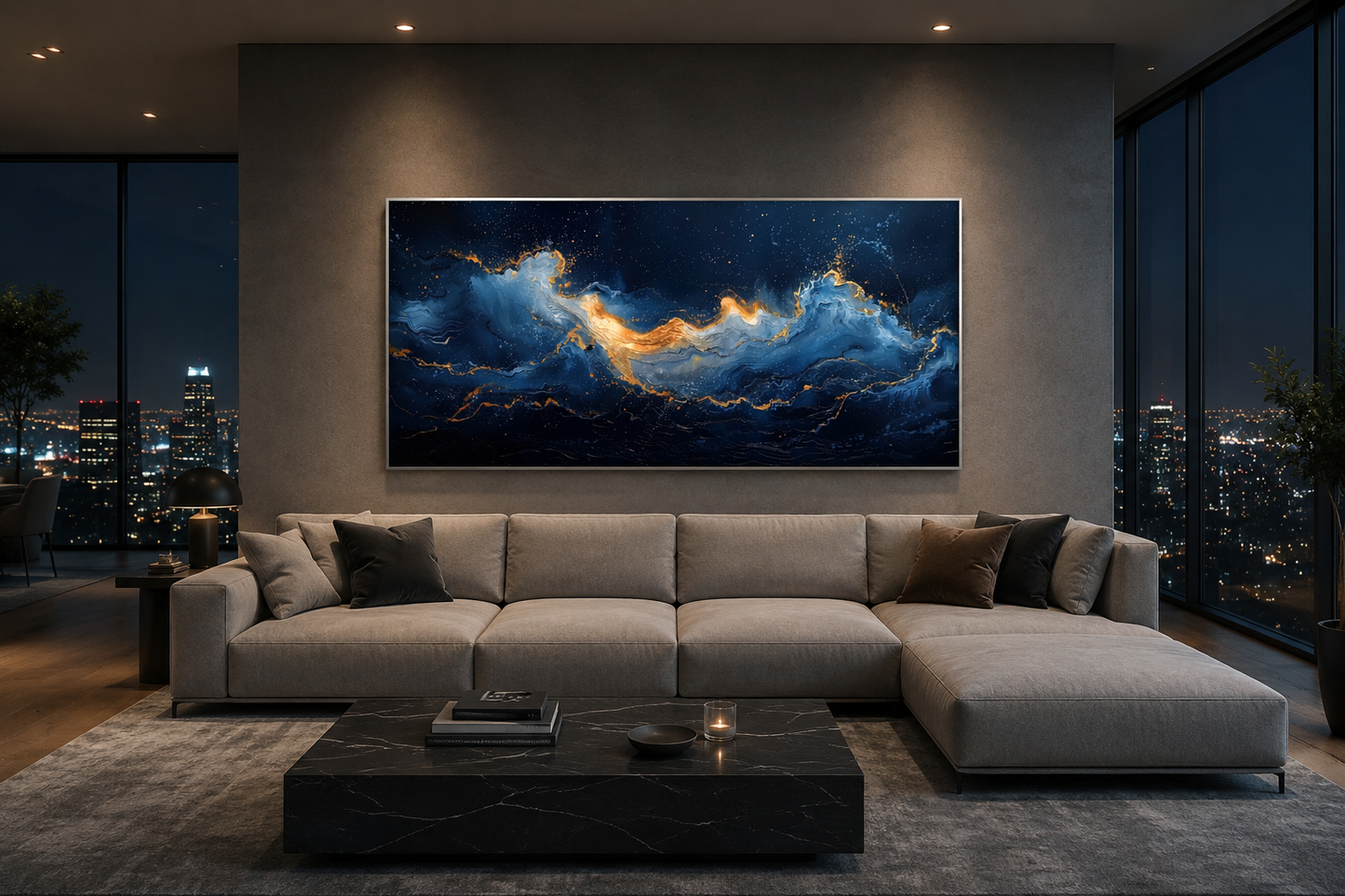 Navy Blue Gold Nautical Wall Art – Abstract Ocean Wave Canvas for Mens Bed