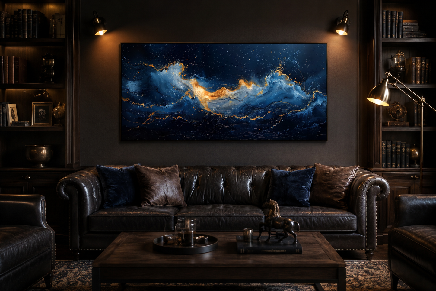 Navy Blue Gold Nautical Wall Art – Abstract Ocean Wave Canvas for Mens Bed